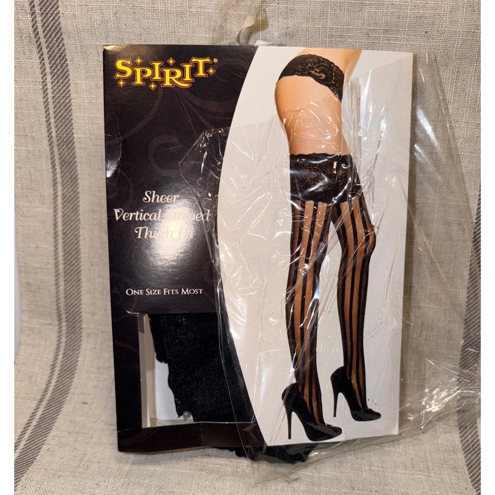 Spirit Halloween Black Sheer Vertical Striped Thigh High Stockings Lace Top 4761